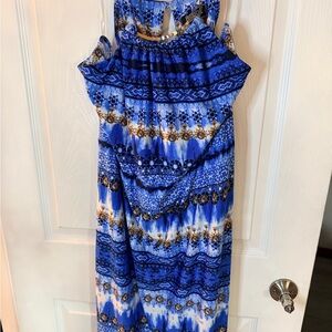Blue and White Boho Patterned Maxi Beach Pool Spring Summer Dress
